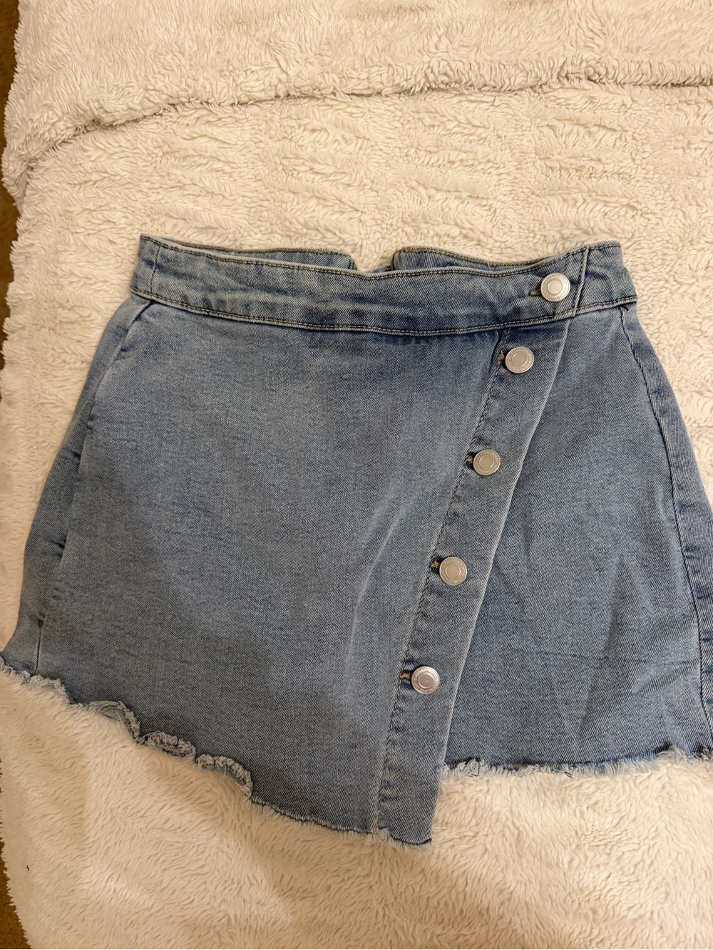 SO Light Blue Asymmetrical Button-Front Denim Mini Skirt